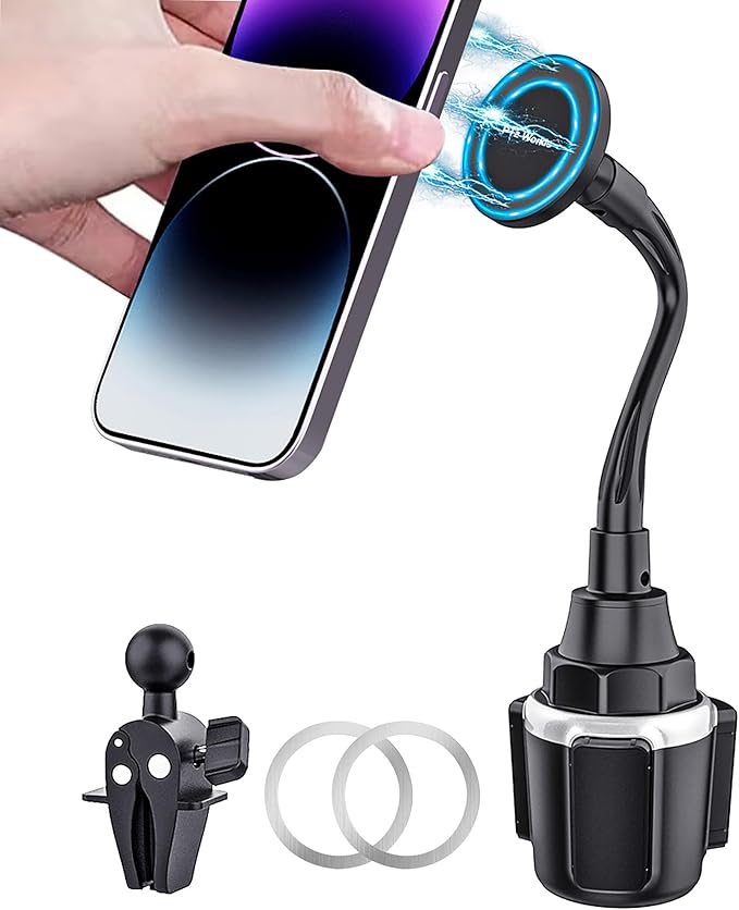 Cup Phone Holder for Car, Magnetic – Compatible with MagSafe, Secure Magnetic Mount, Stability-Enhanced Expandable Base, Flexible Reinforced Gooseneck, Works with iPhone, Galaxy, Pixel [Not Charger]