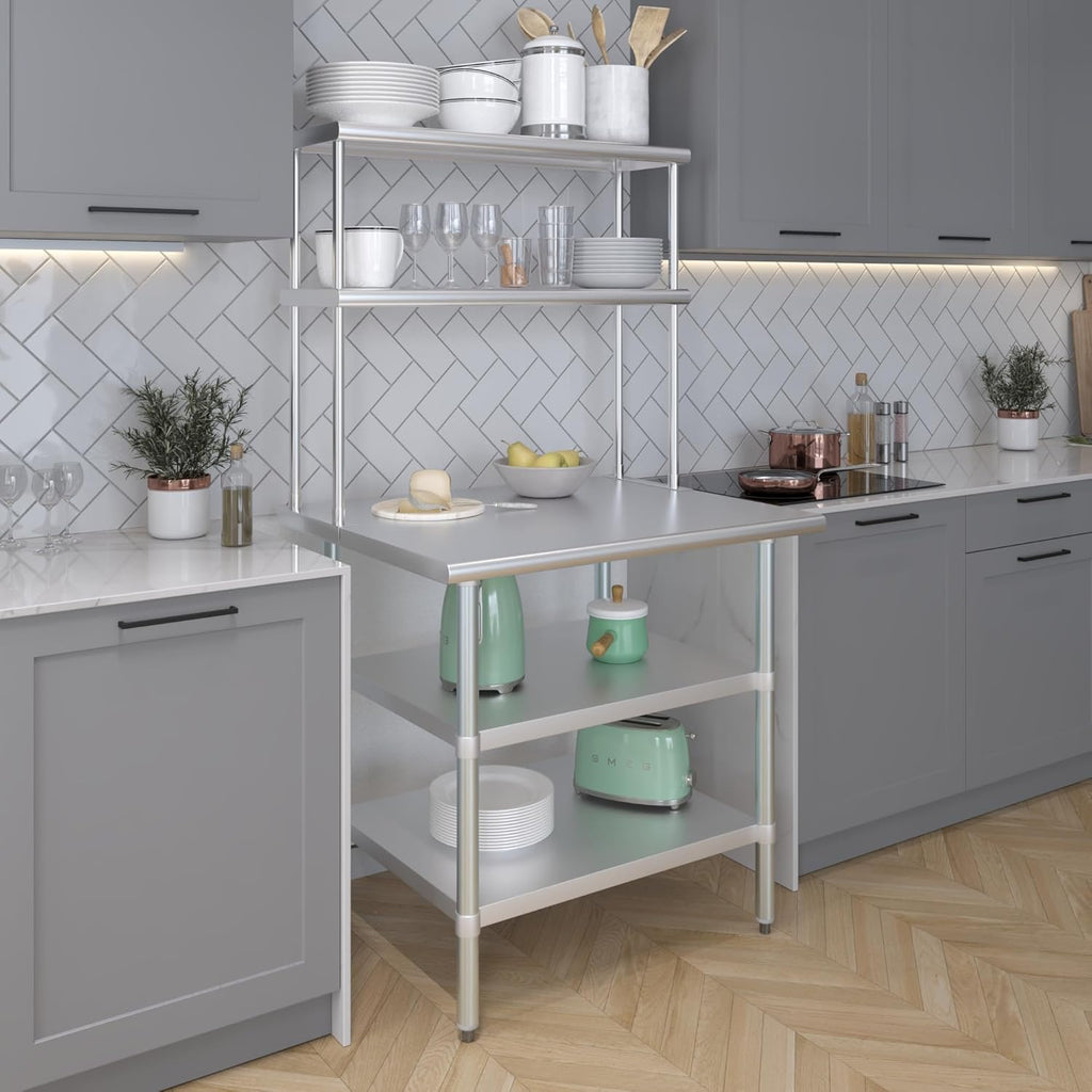 Amgood Stainless Steel Work Table with 2 Shelves | Metal Kitchen Prep Table & Shelving Combo (30" x 36" Table with 2 Shelves + 12" Overshelf)