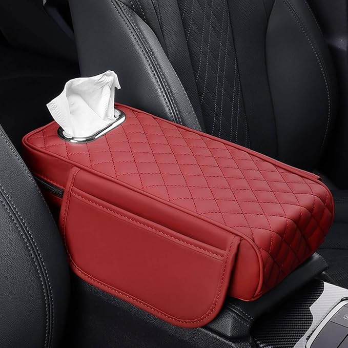 Car Center Console Cover for Toyota Highlander 3.Generation 2013-2020, Leather Car Arm Rest Cover, Car Armrest Cushion with 2 Storage Bags Car Center Console Armrest Pad, F Red