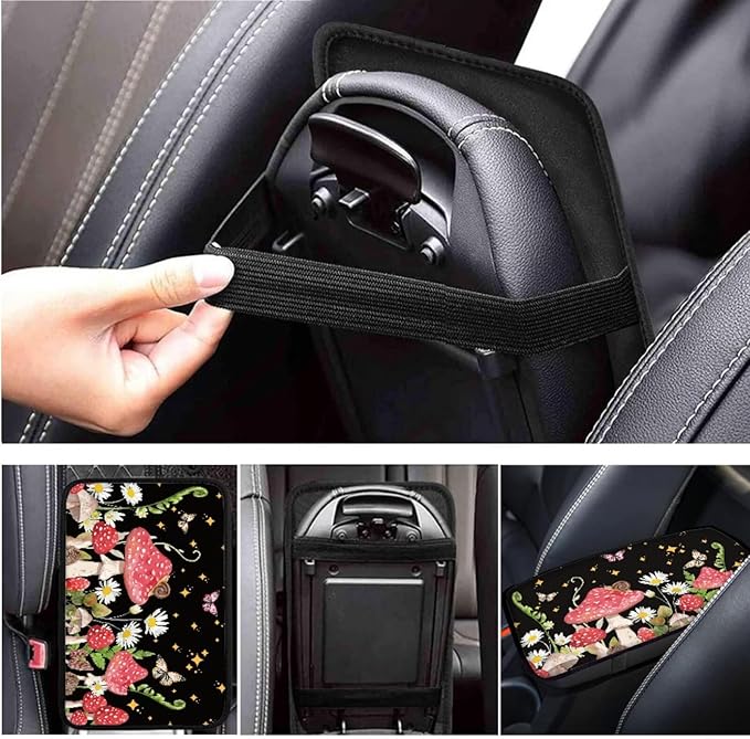 Mushroom Print Car Steering Wheel Cover Set for Men Women Mushroom Car Interior Accessories Cup Coaster Cars Handbrake Cover Universal Fit Truck Van SUV