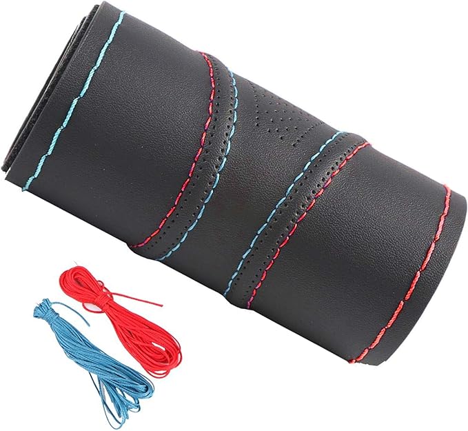 Artificial Leather Wheel Steering Cover Stitch On Wrap with Needle & Thread DIY 15.7 Inch Red and Blue Splice for Pajero Etc