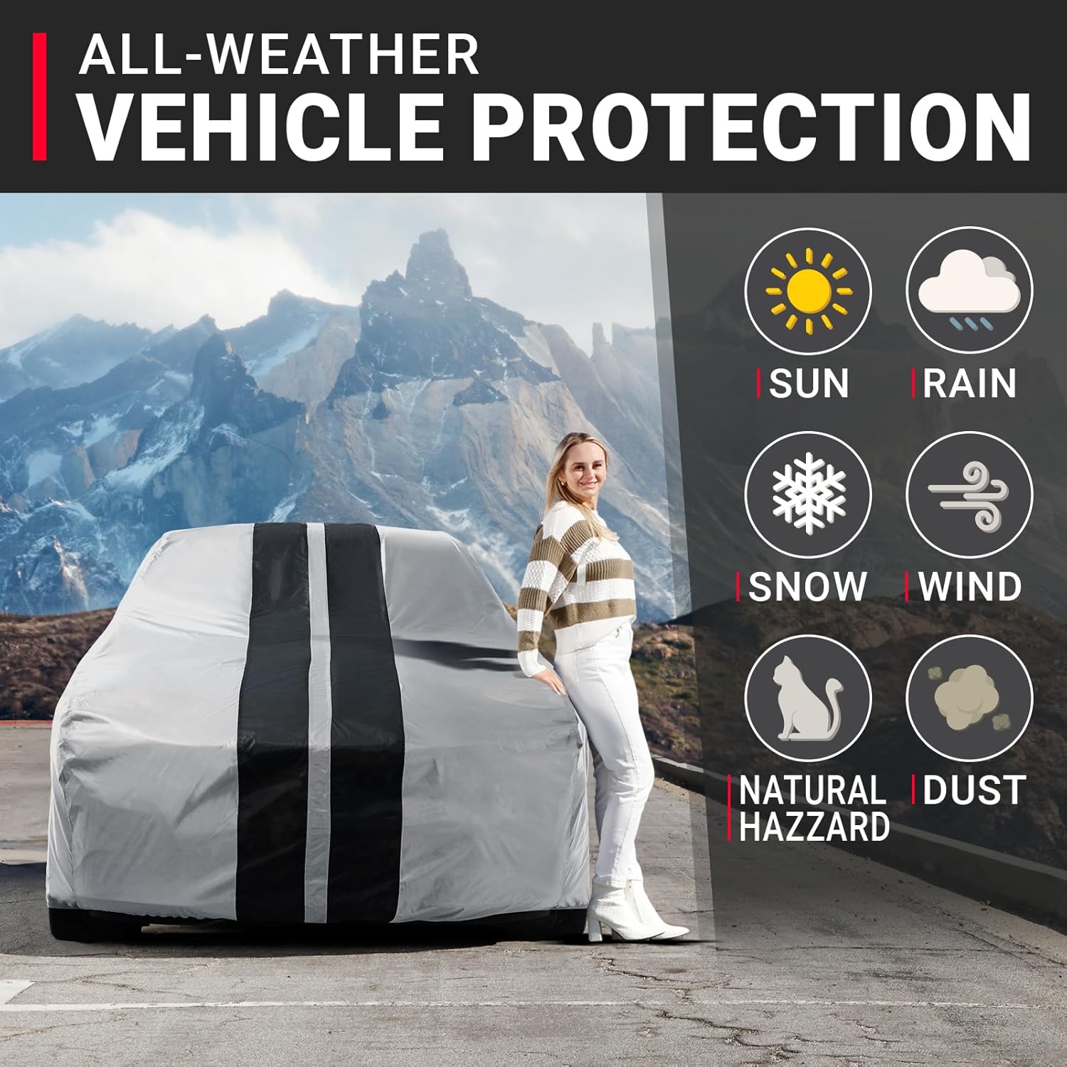 iCarCover Custom SUV Cover for Pontiac Trans AM (1969-1973) Waterproof All-Weather Rain Snow UV Sun Protector Full Exterior Indoor Outdoor Car Cover (Stripe - Gray/Black)