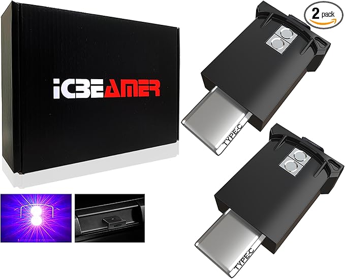 ICBEAMER Type C Adapters USB Ambient Light 2-Pack (Purple) | Smart Interface, Miniature LED Night Lights for Car Interior, Trunk, Van, Pickup, Easy Plug-in, Enhance Automotive Ambiance