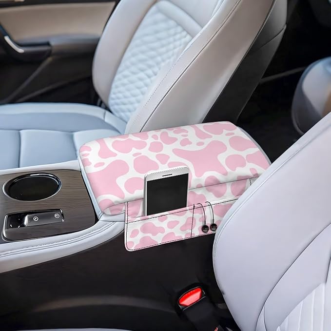 Dreaweet Pink Cow Print Center Console Cover for Car Thick Arm Rest Cover Pad with Pockets Cute Car Accessories for Women Interior Soft Anti Scratch Armrest Cover Cushion Pad
