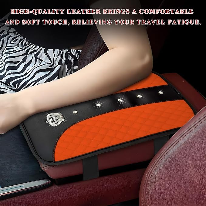 Bling Leather Car Center Console Cover, Anti-Slip Crown Armrest Seat Box Cushion Pad with Rhinestones, Waterproof Crystal Arm Rest Protector Interior Decor for Most Vehicles (Orange)
