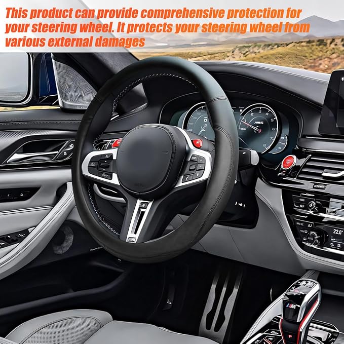 Car Steering Wheel Cover, 15 Inch Leather Anti-Slip Breathable Vehicle Steering Wheel Protecter with Comfortable Feel, Automotive Interior Accessories, Universal for SUV Sedan Truck (Black)