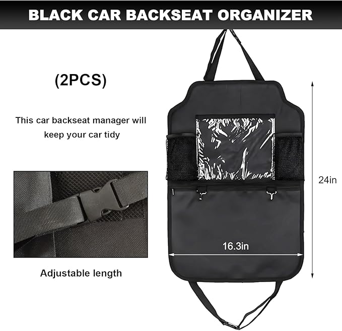 2PCS Car Backseat Organizer, Oxford Car Back Seat Protecter Kick Mat with Touch Screen Tablet Holder, Waterproof Automotive Seatback Storage Bag with Multi Functional Pockets (Zipper)
