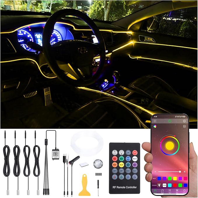 5 Meters Optic Fiber Car Ambient Lighting with Bluetooth App Control + RF Remote Control 64 Colors Multicoloured Music Interior Lighting Kit DC 12V 1W
