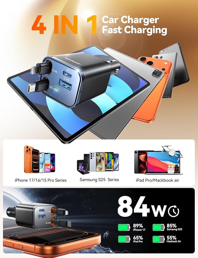 [2026 Ultra-Compact] 84W Retractable Car Charger, [PD 45W] Car Charger USB C for iPhone 16 17 Pro Fast Charging, Car Accessories Travel Essentials Gifts for Women Men for iPhone 17 Air 16 15 14 13 12