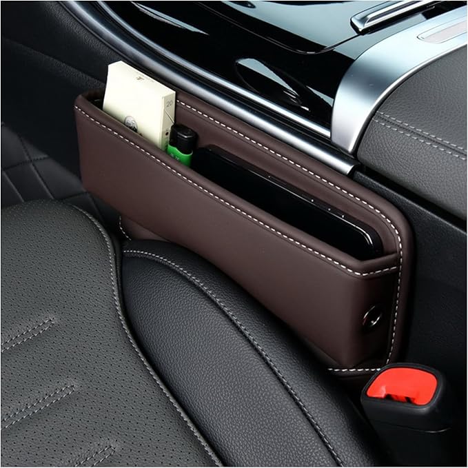 Ziciner Car Seat Gap Organizer, Premium Leather Auto Seat Storage Box, Vehicle Adjustable Front Seat Gap Filler, Car Seat Side Pocket Organizer for Phones, Glasses, Keys, Money, Cards (Coffee)