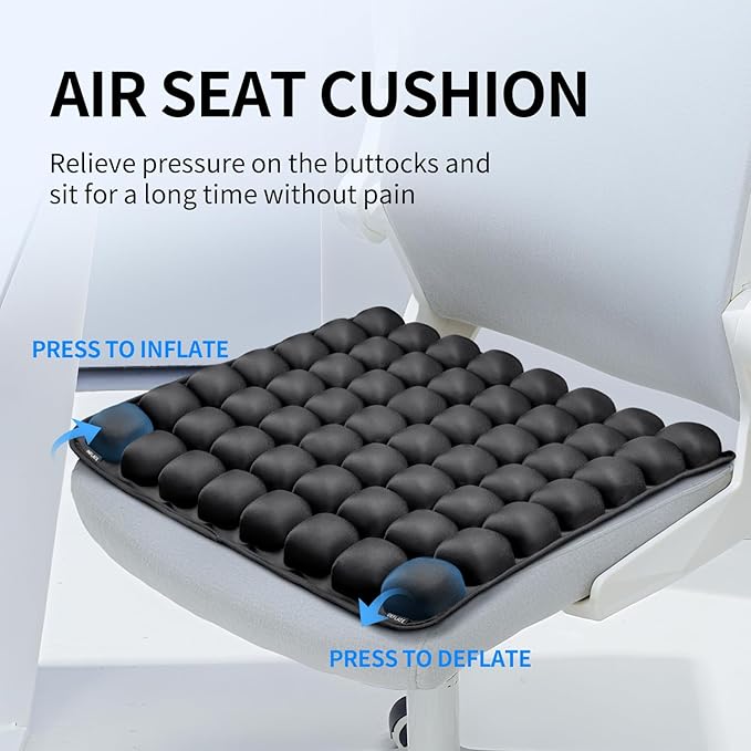 Inflatable Seat Cushion for Car - Adjustable Air Pressure Travel Cushion for Long Flights, Office Chairs, and Travel - Portable 17.7x15.7 Inches - Black
