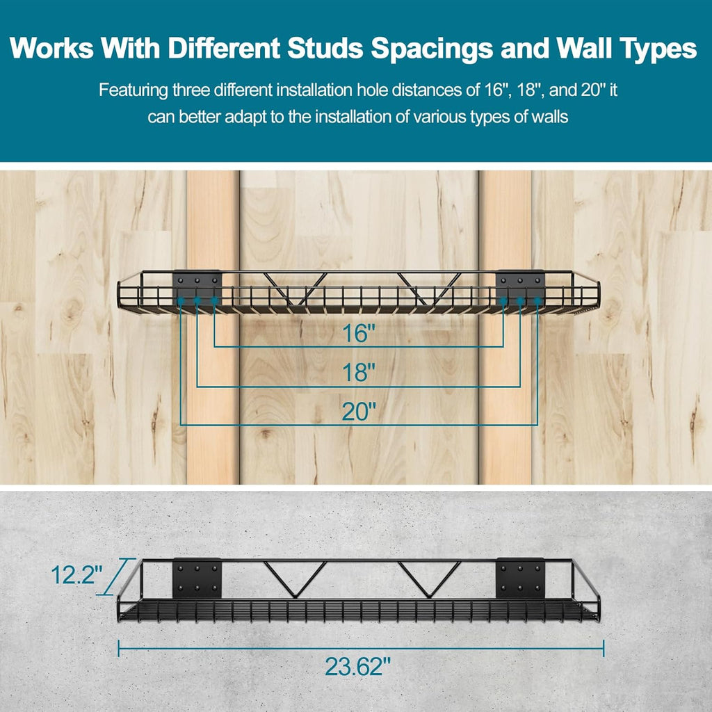 Garage Wall Shelving,4-Pack 12 Inch X 23.8 Inch,Can be Used for Garage, Closet, Laundry Room, Heavy Duty Wall Shelving, Holds Up to 65 Lbs (Black, 12"X23.8", 4)