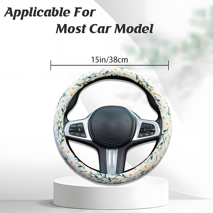 Embroidered Flowers White Cute Daisy Steering Wheel Cover Auto Anti-Slip Breathable Rubber Steering Wheel Protector,Floral Car Accessories for Women,Universal Size Fit Most Cars -15 inch