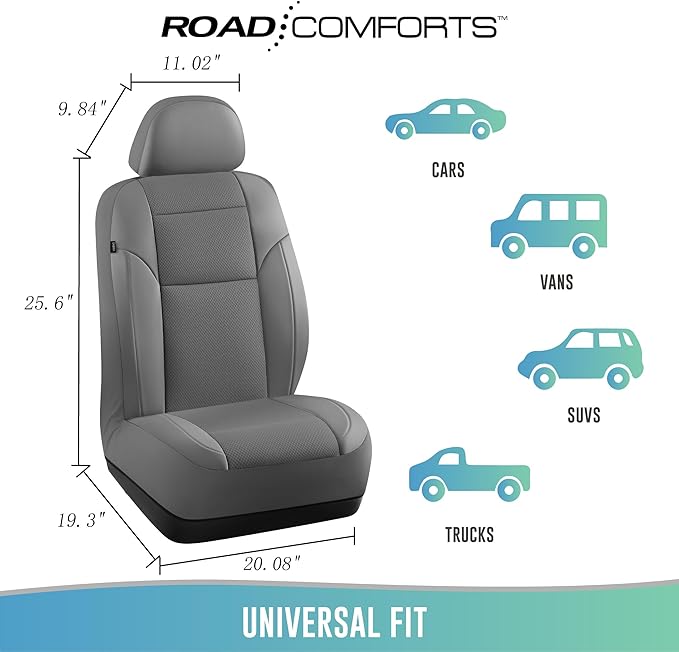 Road Comforts Front Leather Mesh Car Seat Cover - Breathable & Stylish, Airbag Compatible, Universal Fit for Cars, SUVs, Trucks, and Vans - Gray Color