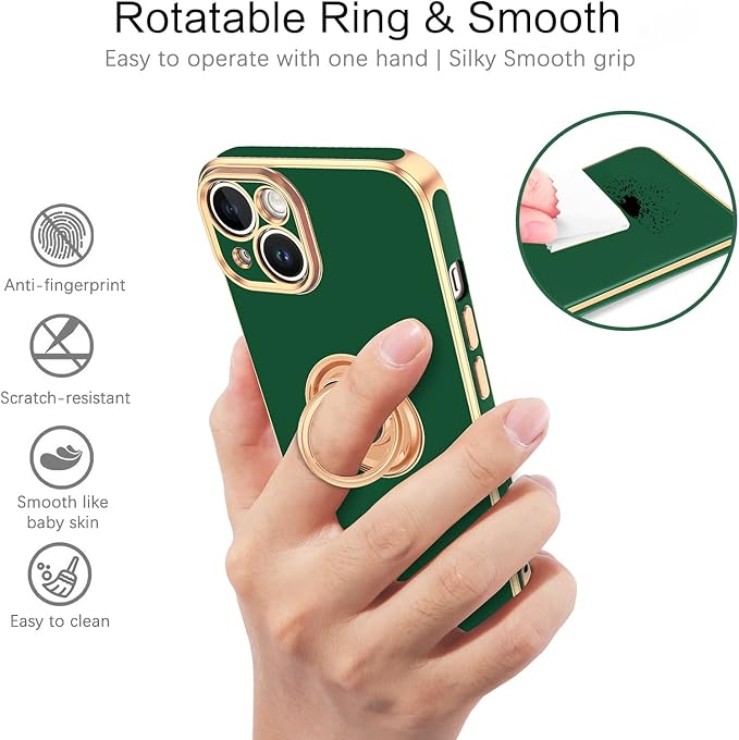 VENINGO iPhone 14 Case, Slim Fit Soft 360 Ring Holder Kickstand Magnetic Car Mount Supported Easy Clean Shockproof Protective Cover for Apple iPhone 14 6.1" 2022, Midnight Green