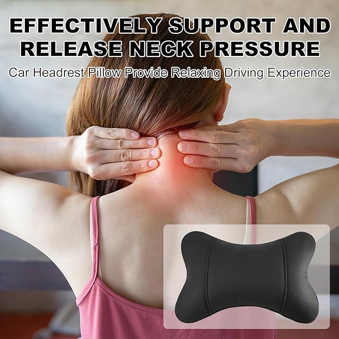 2 Pack Car Neck Pillow PU Leather Automotive Headrest Pillow for Car Support Neck Pain Relief Universal Car Pillow (Black)