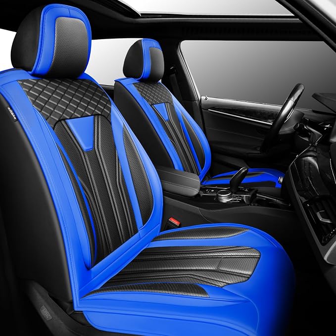 Fit Prius Car Seat Covers for Toyota Prius 2001-2026 -Premium Leather, Waterproof Stain-Resistant, Breathable，All-Weather Seat Cushion Protecto & Airbag Compatible, 2 Front Seat Blue & Black