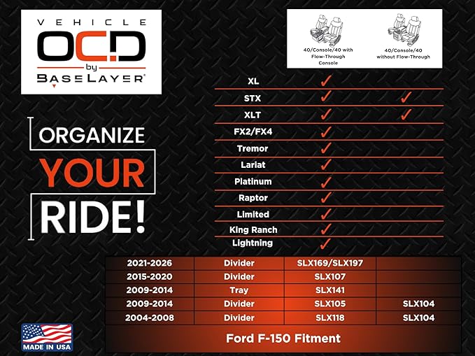 Vehicle OCD - Center Console Organizer for Ford F150 (2009-2014) (Floor Shift w/Bucket Seat Only)(Without USB, RCA, 12V in Front of Console) - Made in USA - SLX105