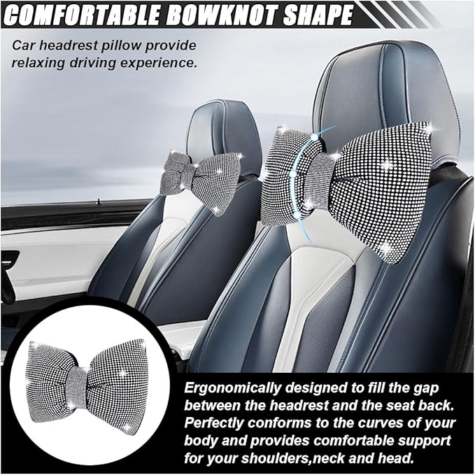1 PCS Rhinestone Car Headrest Neck Pillow, Auto Headrest Cushion for Driving Seat, Bling Crystal Diamond Bow Neck Support Relax Pillow, Car Interior Accessories for Women Girly (White)
