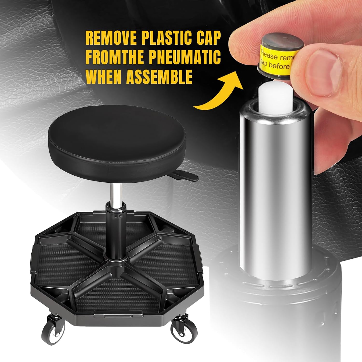 YELLOW JACKET Rolling Garage Seat with Wheels Adjustable Height Pneumatic Mechanic Stool 300Lbs Heavy Duty Shop Creeper Seat with 4 Removable Storage Tool Tray Workshop Chair for Auto Repair