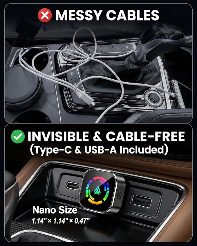 Wireless CarPlay Adapter & Android Auto Wireless Adapter, 2-in-1 CarPlay Car Adapter Dongle, Convert Factory Wired Apple CarPlay to Wireless, Ultra-Mini Plug & Play, Includes USB C & USB-A