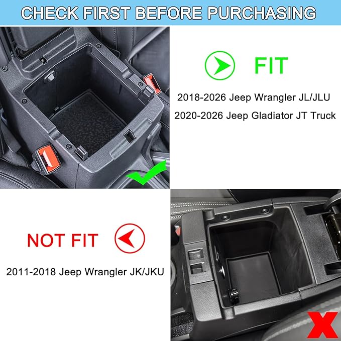 PIMCAR Center Console Organizer for Jeep Wrangler JL/JLU (2018-2026) & Gladiator JT (2020-2026) | Armrest Storage Tray | Interior Accessories (Not for JK/JKU) | Black Liner Trim