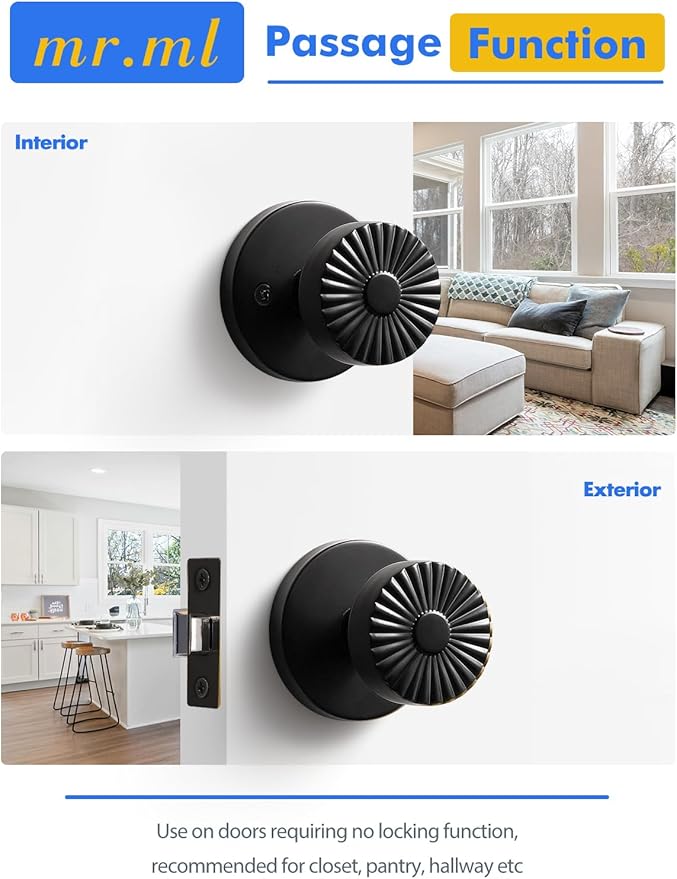 Black Passage Door Knob, Interior Kitchen Pantry Laundry Room Door Handle Hall Closet Black DoorKnob, Stainless Steel Knob, 1 Pack