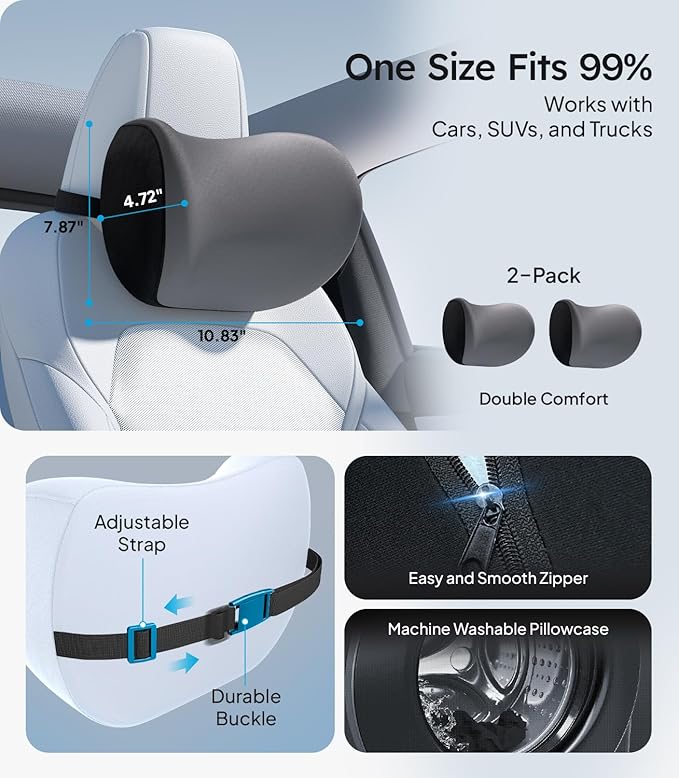 Wigoo 2026 Car Neck Pillow [No More Pressure, Odorless] Soft Car Headrest Pillow with Adjustable Strap Removable Cover 100% Memory Foam, Fits All Vehicles (Gray 2-Pack)