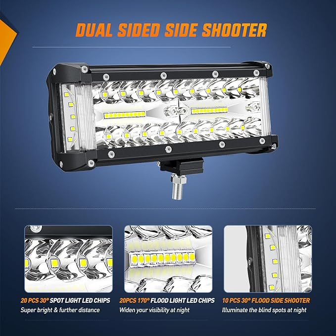 Nilight Side Shooter LED Light Bar 2PCS 7 Inch Triple Row Spot Flood Combo Lights Work Lighting with 5Pin Rocker Switch Wiring Harness Kit for Off Road Light on Truck SUV ATV UTV