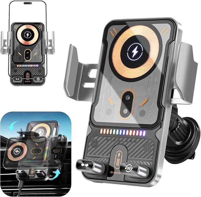 Car Phone Holder with 15W Wireless Car Charger, Car Vent Mount with Induction Opening and Closing, Air Vent Phone Stand with Horizontal and Vertical Screen Rotation Adjustment for iPhone -Sliver