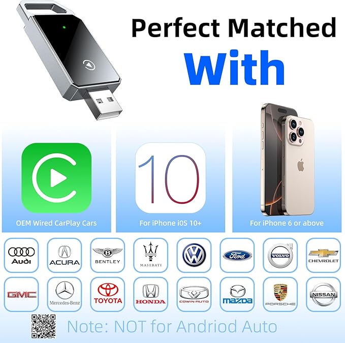 for Apple Wireless Carplay Adapter, Converts Wired to Wireless, Plug & Play, No Delay, Mini Carplay with USB & USB C, Compatible with iPhone 6 or above/iOS10+ & Cars from 2016 (Gray) (Carplay A)