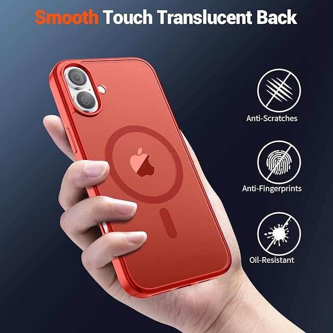 SUPFINE Magnetic for iPhone 16 Case (Compatible with MagSafe) (Military Grade Drop Protection) Slim Translucent Matte Shockproof Phone Cover,Red