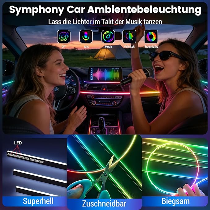 Car Interior Lighting, 22-in-1 HMYC 128 Colorful LED Acrylic Fiber Optic Strips, Universal Decorative Ambient Lighting with Music-synced Rhythm, app Control, RGB neon Lighting for All Cars