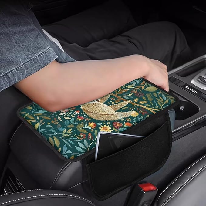 Sloth Floral Tree Print Center Console Covers for Cars Washable Auto Armrest Storage Box Mat Waterproof Car Armrest Seat Box Cover Cushion Car Accessories Interior Protection