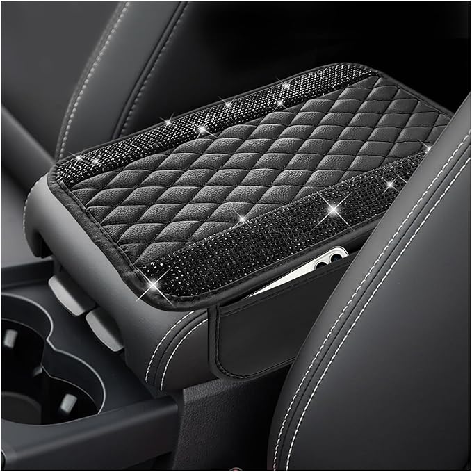 Sun Walker Bling Car Center Console Cover, Anti-Scratch Car Armrest Seat Box Cushion Pad with 2 Storage Bags, Leather Middle Console Protector Crystal Interior Accessories for Most Cars (Black)