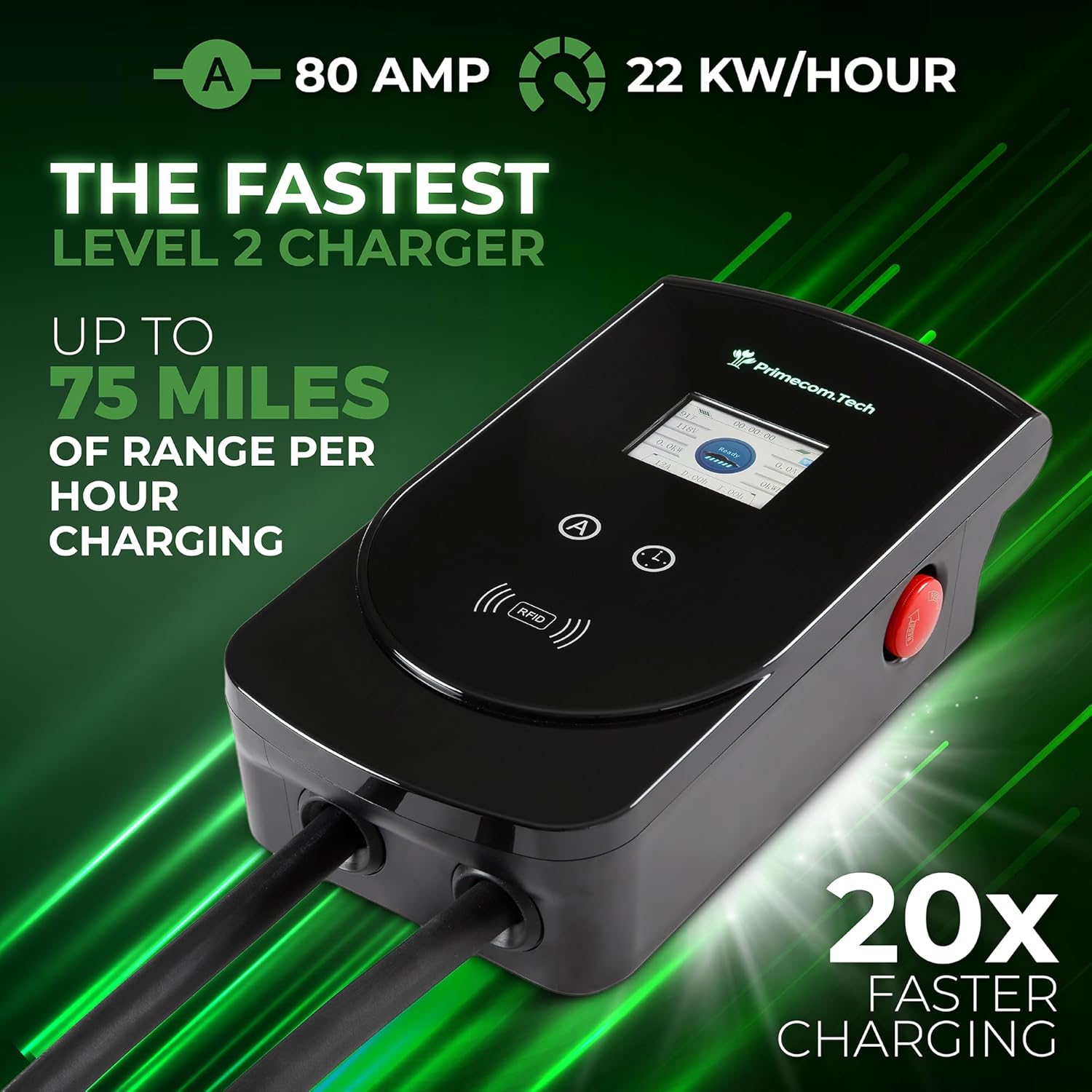 PRIMECOM 80 Amp 22KW 220Volt Level-2 18ft to 50ft Cord Lengths 20X Fast Smart Electric Vehicle EV Charging Station Ford Transit F-150 Lightning Lucid Air Polestar TeslaXS Taycan (40 Feet)