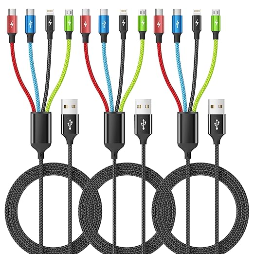 Car Accessories Multi Charging Cable [3Pack 5FT], Travel Essentials 4 in 1 Charging Cords, USB Cable Phone Charger with IP/Type C/Type C/Micro, Compatible with Most Phones/Tablets and More
