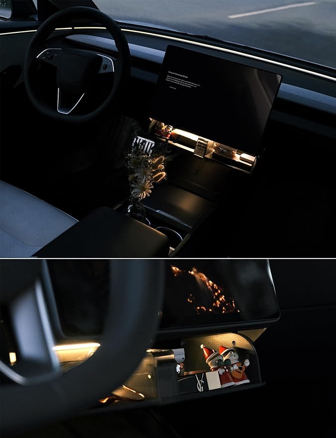 TPARTS Hidden Magnetic Under Screen Storage Box for Tesla Model 3 Highland 2024+/Model Y Juniper 2025+, Console Organizer Dashboard Tissue Holder with Warm White Light (Standard/Premium/Performance)