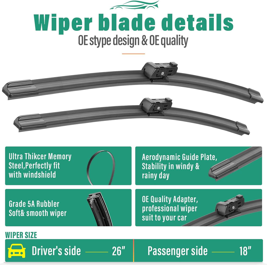 26" 18" 12" Windshield Wiper Blades Replacement for VW Volkswagen Taos 2022 2023 2024 Premium All Weather Front Rear Wipers Set - OEM Quality (Pack of 3)