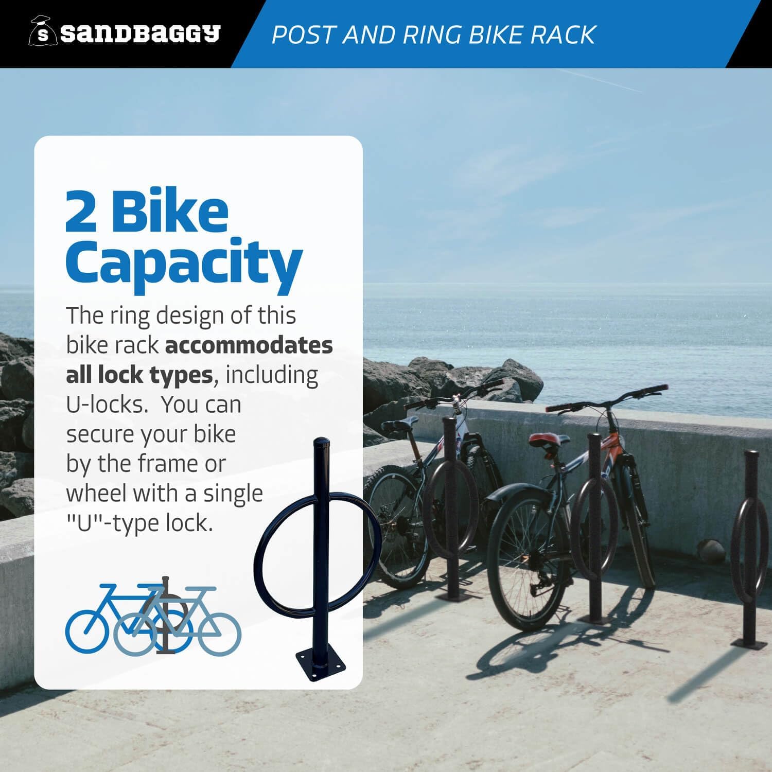 Sandbaggy Post and Ring Bike Rack - Commercial Bike Racks - Galvanized Steel - Anti-Theft Design - In Ground, Apartments, Sidewalks, Industrial (Gray, 20)