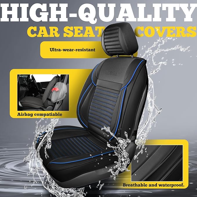 LINGVIDO Full Set Car Seat Covers, Faux Nappa Leather, Airbag Compatible and Waterproof Protectors for Sedans SUVs, Breathable Interior for Active Families, Pets, and Commuters (5 Seats, Black/Blue)