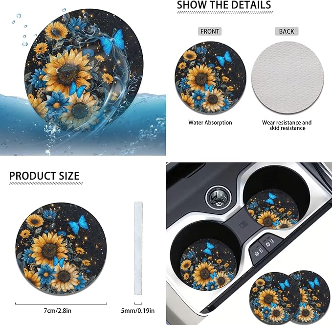 Blue Sunflower Print 6pcs Steering Wheel Cover Car Accessories for Women Men Butterfly Cup Coaster Handbrake Cover Fit Auto,Suvs,Truck