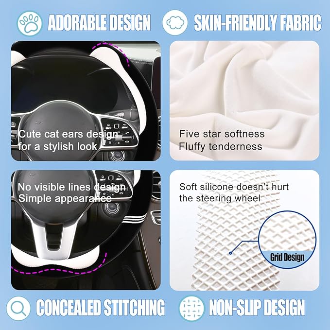 Furry Cute Steering Wheel Cover, Soft Fluffy Short Plush Auto Accessories, Non-Slip Cold-Proof Sweat-Proof Colorfast, Universal 15 inch(Black with White)