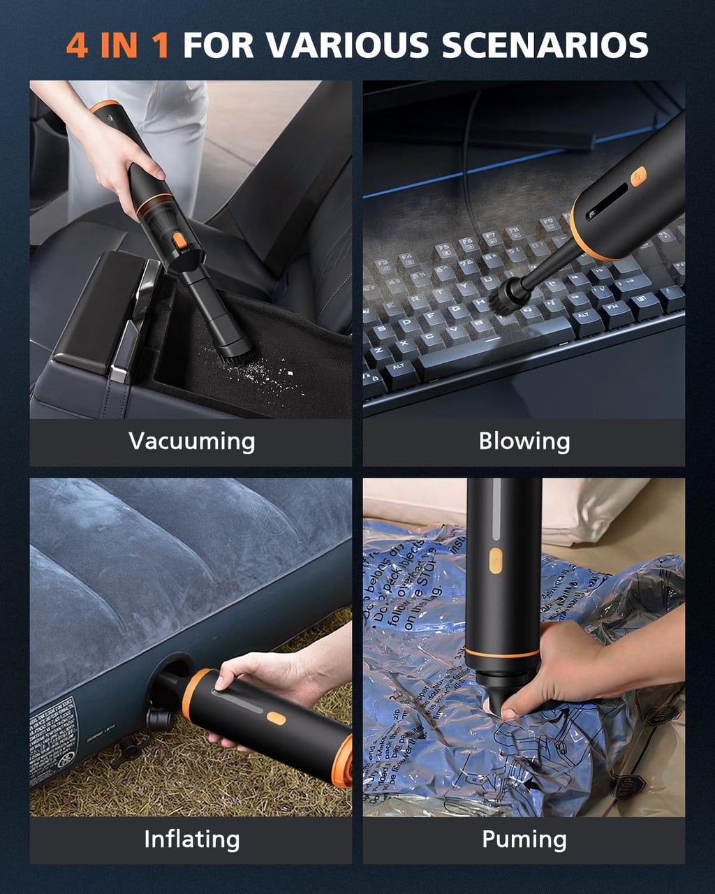 Car Vacuum Portable with 16000Pa Powerful Suction, Handheld Vacuum Cordless Rechargeable Blow & Suction 4 in 1, Small Vacuum Cleaner for Car, Home, Office, Outdoor (Black Orange)