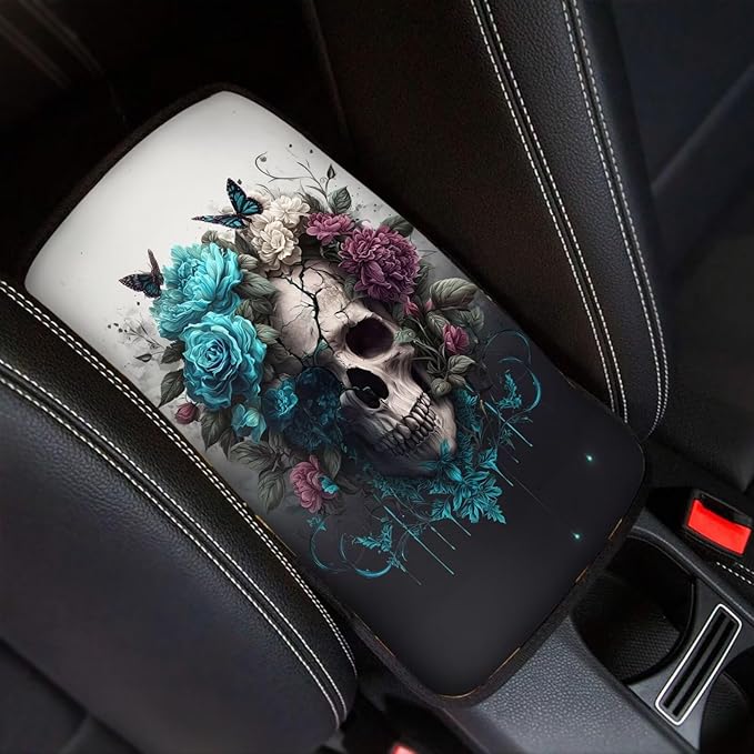 Skull Print Car Center Console Armrest Cover Rose Butterfly Print Armrest Box Cover Center Console Pad Neoprene Car Decor Accessories for Women Men, Easy to Install