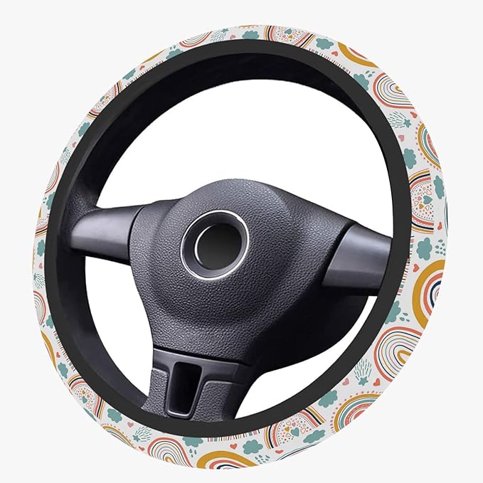 Boho Rainbow Steering Wheel Cover, Cute Print Steering Wheel Cover Protector, Ultra Thin Breathable Non-Slip, Car Accessories for Women, for Steering Wheel with a Diameter of 14.5"-15"