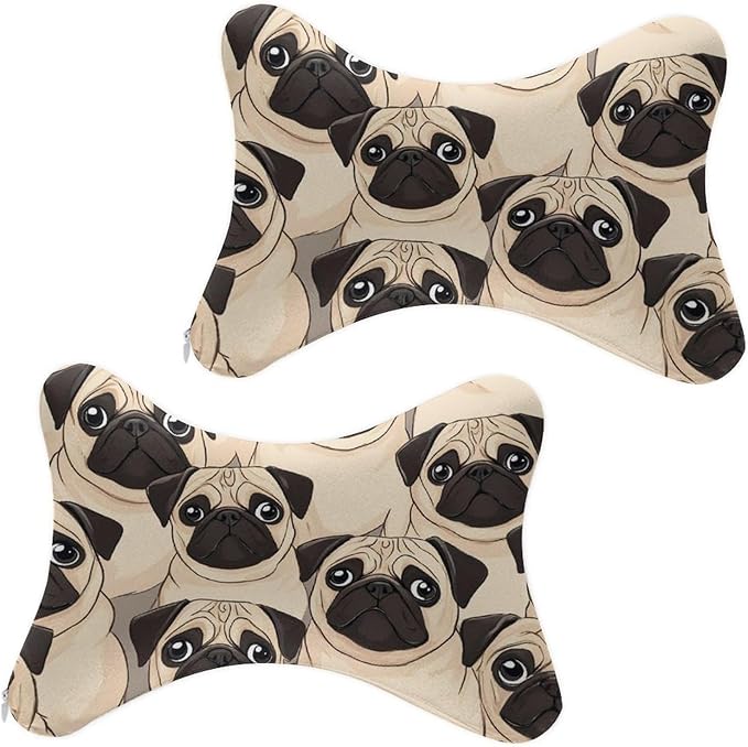 Car Headrest Pillow Compatible with Puppy Pug Dogs Print, Cartoon Neck Pillow for Car, 2 Pcs Comfortable Soft Car Seat Pillow for Driving,Head Rest Cushion, Cute Neck Pillow for Travel