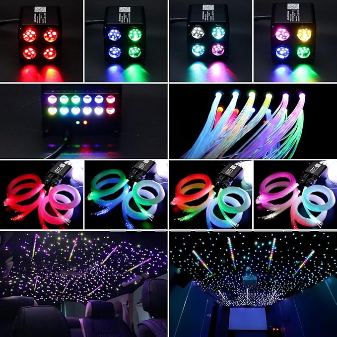 AKEPO 36W 4 Color Twinkle Fiber Optic Starlights Headliner Lights Kit, Optical Fibers Music Sync Bluetooth APP Control Starlight Kit, 600pcs*13.1ft + 240pcs Colorful Shooting Star