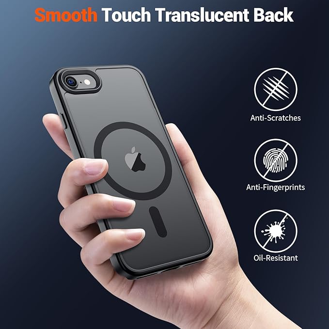 SUPFINE Magnetic for iPhone SE Case 2022 (3rd)/2020 (2nd), iPhone 8 Case (Compatible with MagSafe) (Military Grade Drop Protection) Translucent Matte Phone Cover,Black