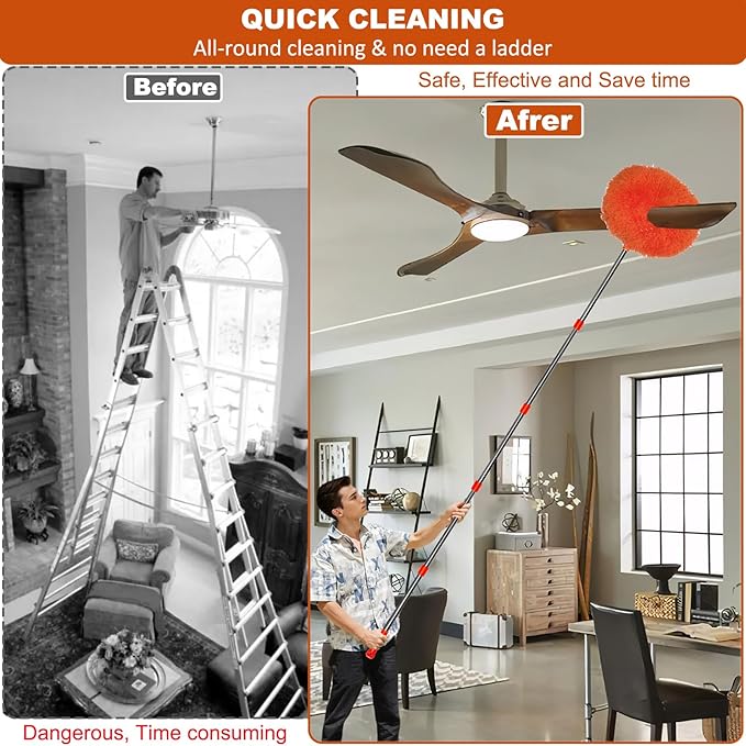 20+ Feet High Reach Dusting Kit, Cobweb Duster & Ceiling Fan Duster with 3-14 ft Extension Pole for Cleaning, Microfiber Feather Duster Cleaner for Cleaning Walls Bookshelves Furniture Door Window